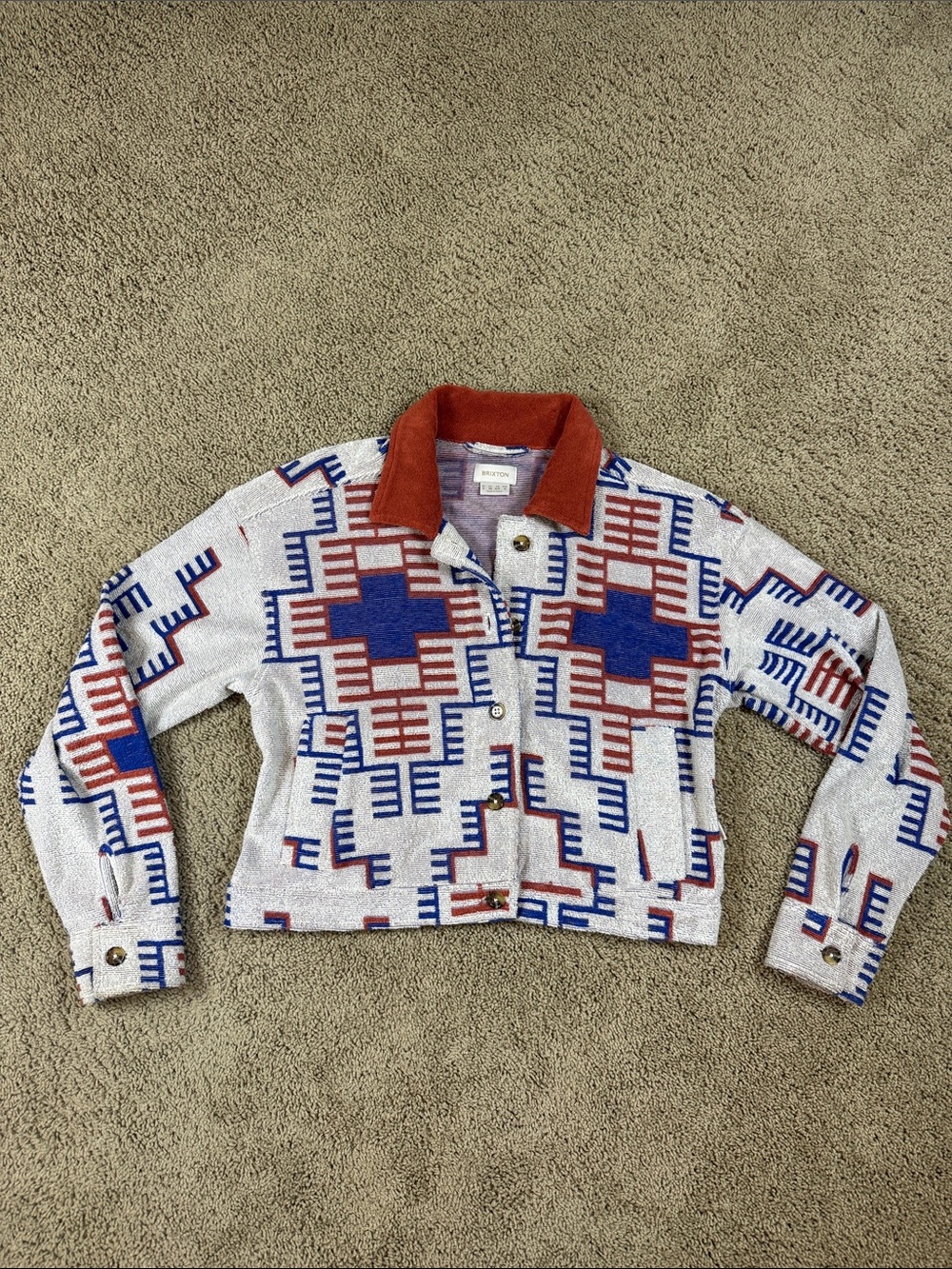 Brixton | Trail Terry Cropped Trucker Jacket with Aztec Print | S